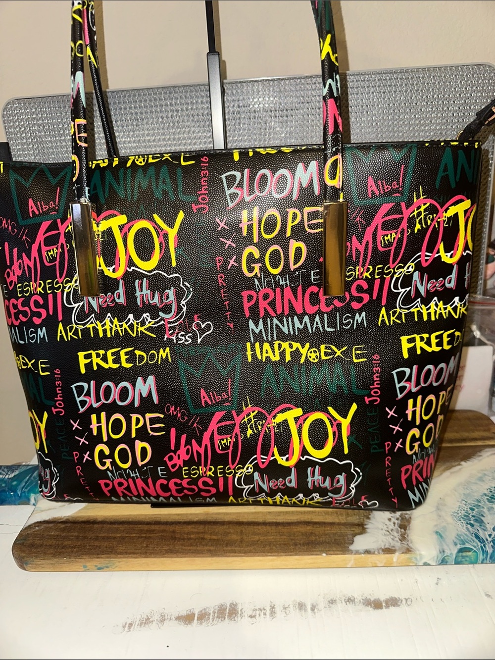 Alba Black Tote with Multicolor Graffiti Script